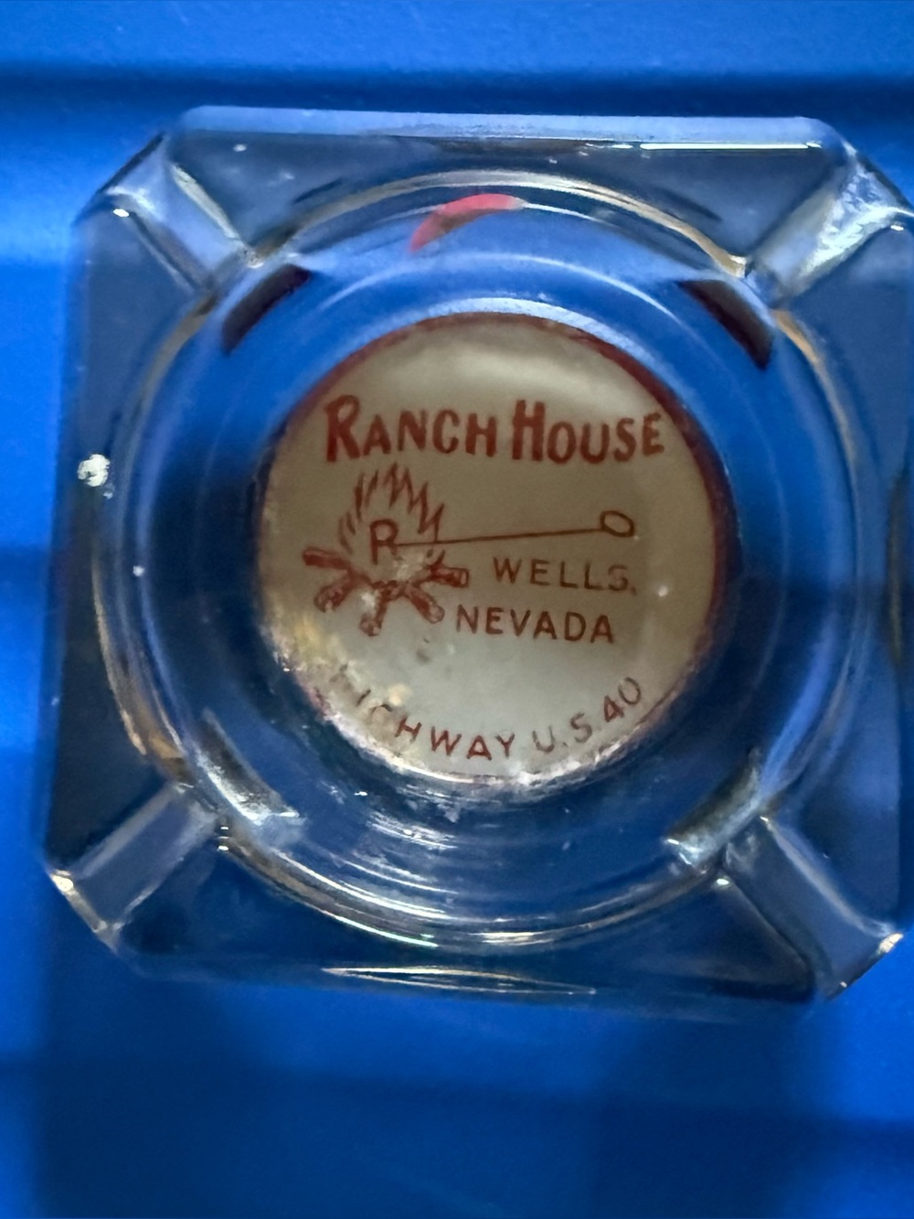 Ranch House Wells Nevada Glass Ashtray - Clear with Red Logo
